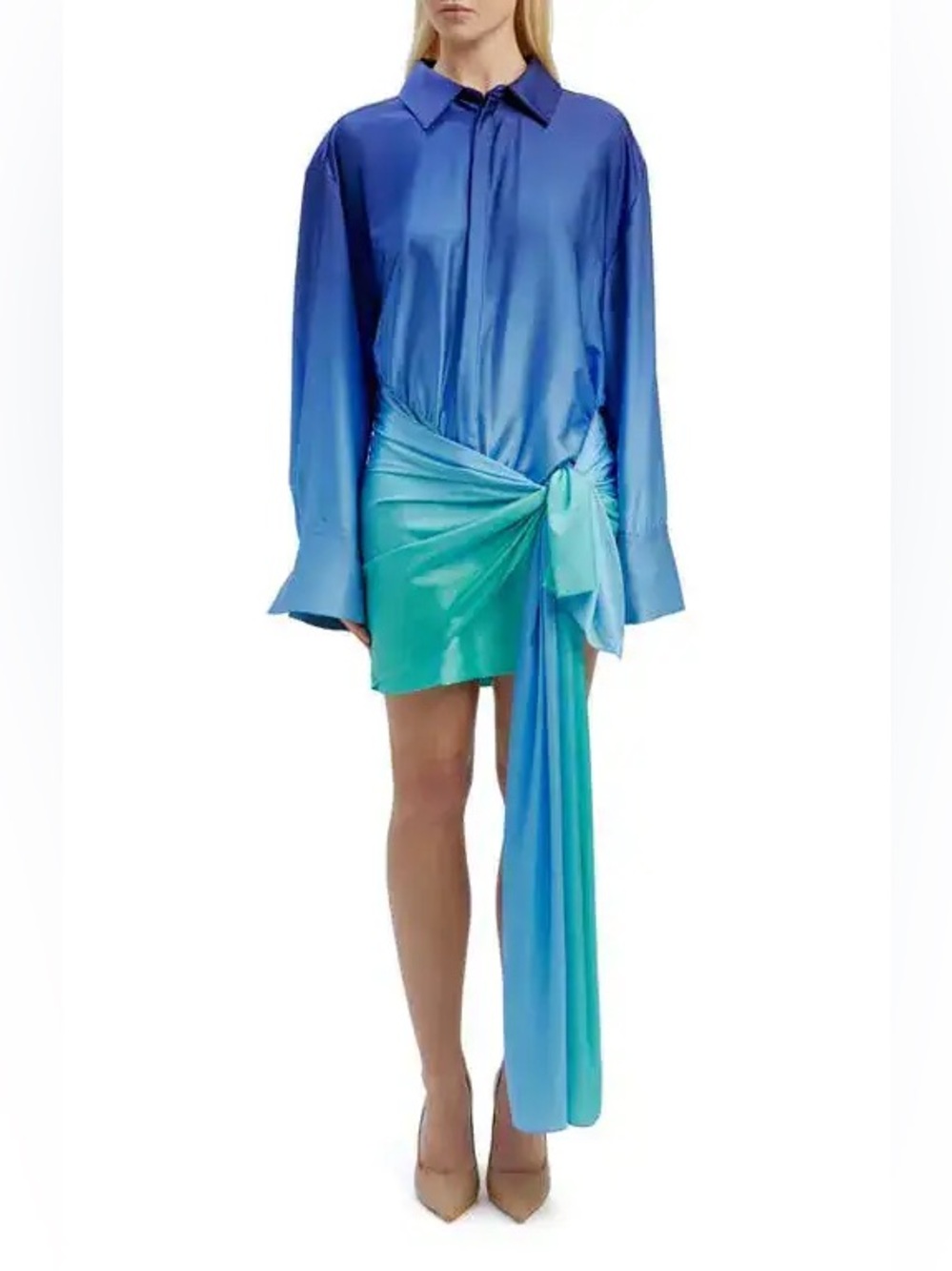 Bardot Blue and Teal Satin Tie-Front Mini Dress